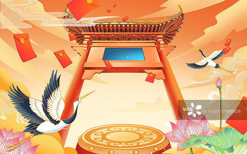 国潮建筑物牌坊插画图片素材