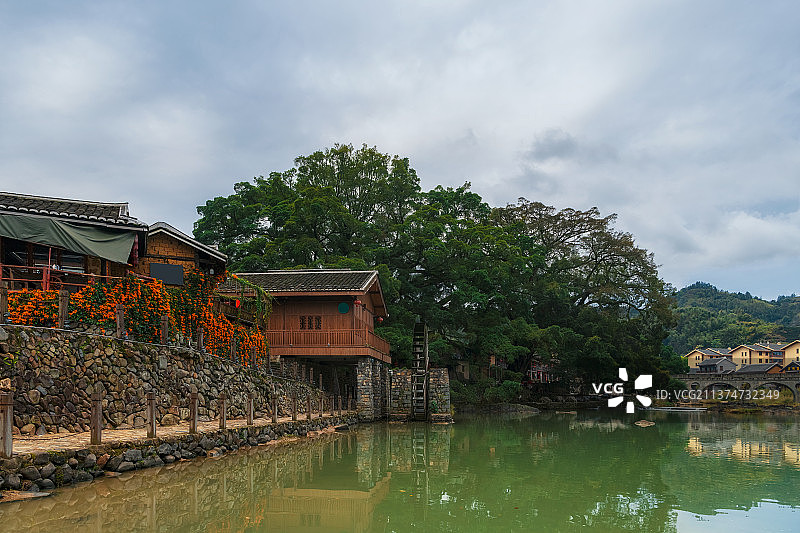 福建省漳州市南靖县云水谣古镇清晨榕树水车户外风光图片素材