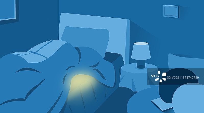 扁平风深夜关灯后躲被子里玩手机熬夜单色插画图片素材