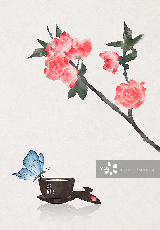 春天蝴蝶花茶中式插画图片素材