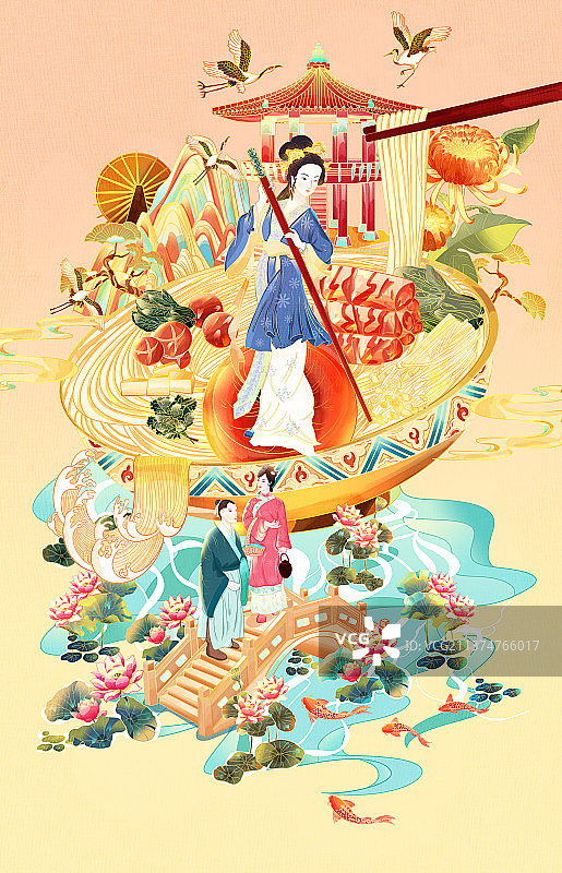 过桥米线国潮插画图片素材