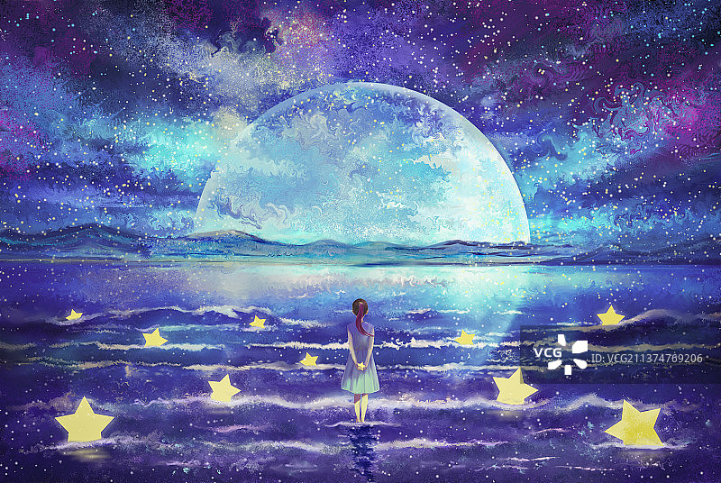 一位少女面朝洒满繁星的大海捡星星插画壁纸图片素材