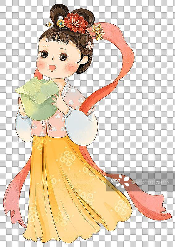 吃葡萄的唐朝襦裙汉服少女国潮插画图片素材