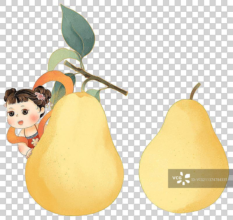 可爱的小女孩与两个大梨国潮插画图片素材