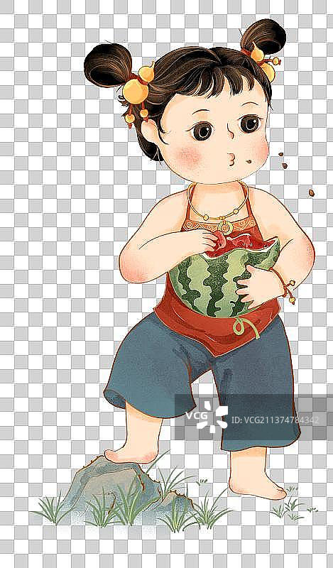 穿红肚兜的可爱小孩吃西瓜国潮插画图片素材
