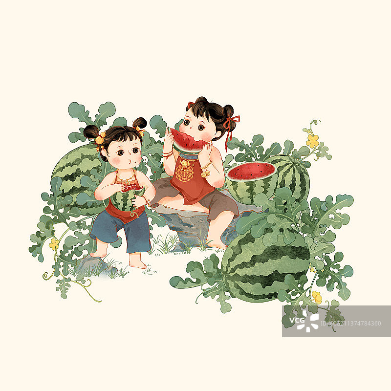 两个穿红肚兜可爱儿童吃西瓜与西瓜地国潮插画图片素材