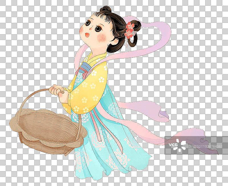 拎着竹篮的可爱唐朝襦裙女孩小仙子国潮插画图片素材