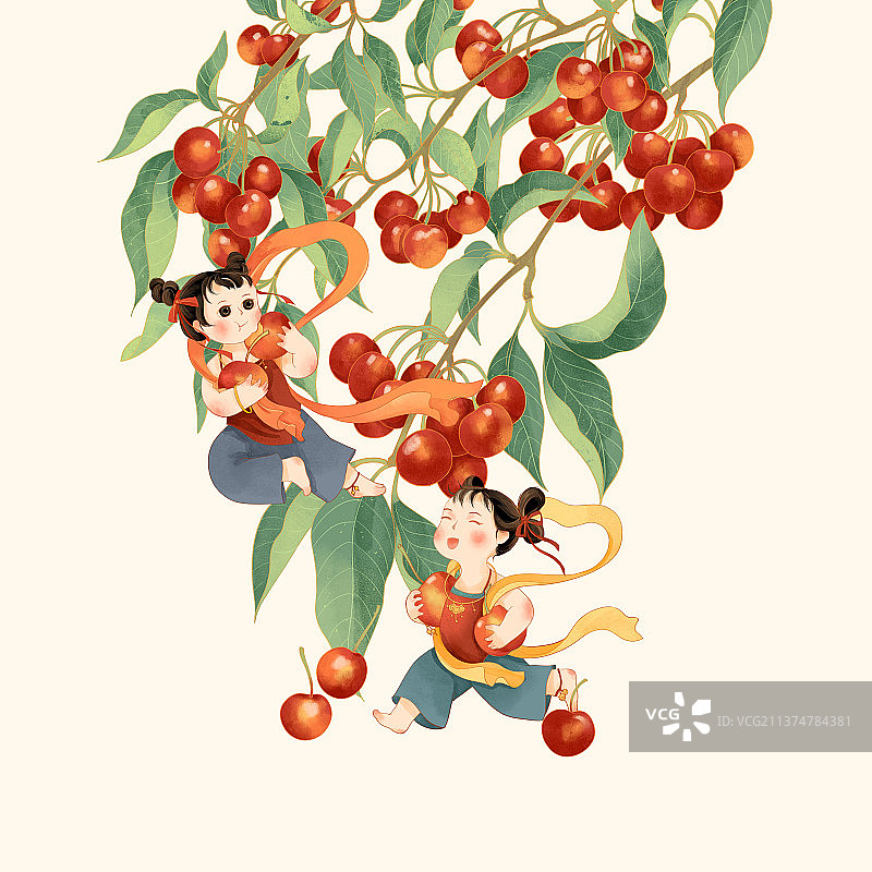 两个可爱的小仙童吃樱桃与樱桃树国潮插画图片素材
