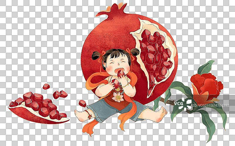 穿红肚兜的可爱儿童与新鲜的石榴水果国潮插画图片素材