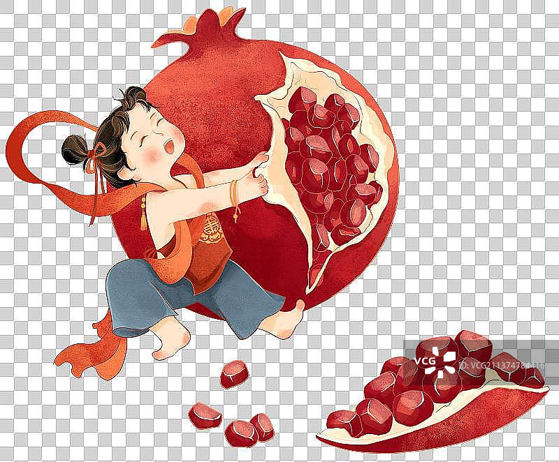 穿红肚兜的可爱儿童与新鲜的石榴水果国潮插画图片素材