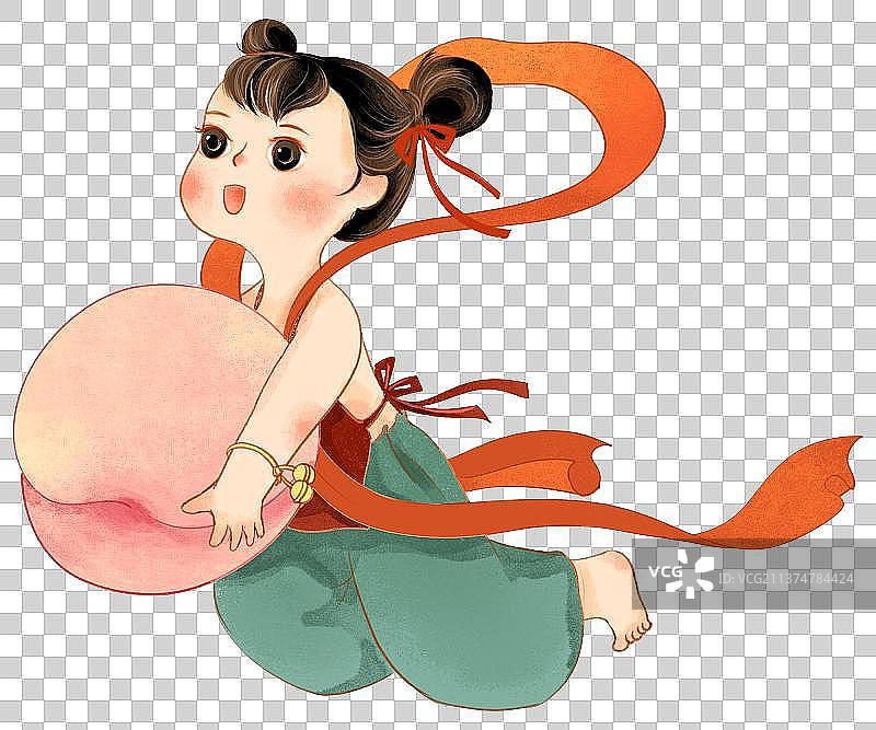 抱着桃子的可爱的穿红肚兜儿童国潮插画图片素材