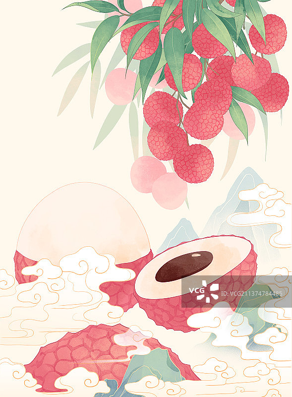 荔枝果肉石祥云青山水果包装国潮插画图片素材