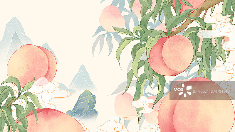 水蜜桃桃子叶石祥云青山水果包装国潮插画图片素材