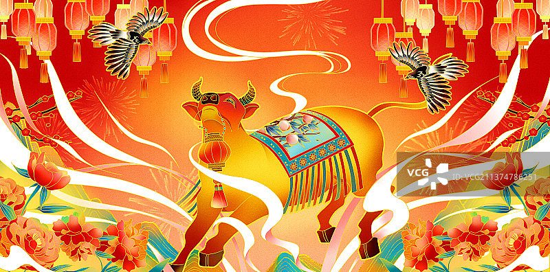 国潮插画十二生肖之牛气冲天图片素材