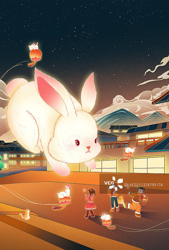 新年春节兔年生肖夜晚国潮风喜庆插画图片素材