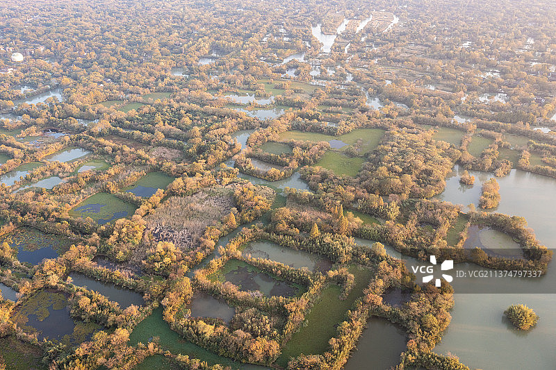 杭州西溪湿地日落航拍图片素材