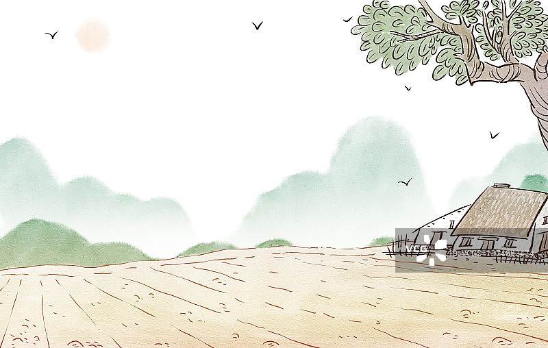 复古的乡村田间地头风景插画图片素材