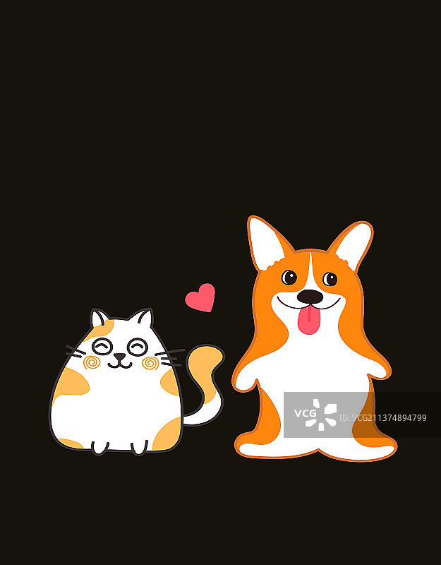 猫和狗，萌宠IP形象设计插画，萌宠包装插画设计，狗粮猫粮包装插画，柯基犬图片素材