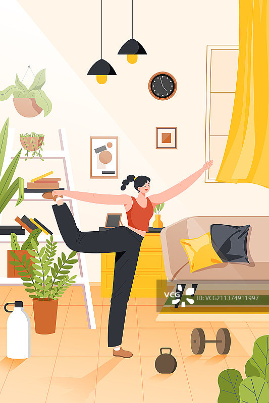 卡通女性女孩运动健康减肥瘦身训练智能家居居家生活方式妇女节购物节电商促销优惠消费网购渐变矢量插画图片素材