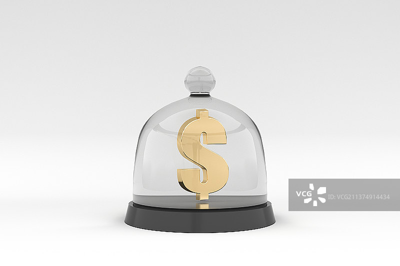3D渲染抽象概念玻璃罩和黄金色货币美元图片素材