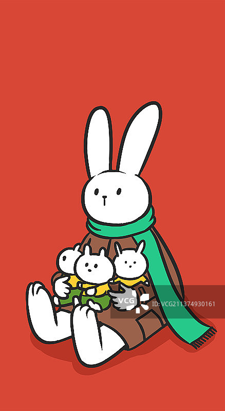 兔年可爱兔子三胎亲子萌趣一家人插画图片素材