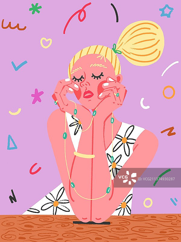 坐在桌前捧着脸颊闭目养神的性感美女图片素材