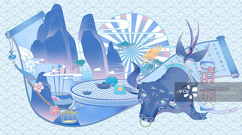 清明山水画卷国潮风清新插画图片素材