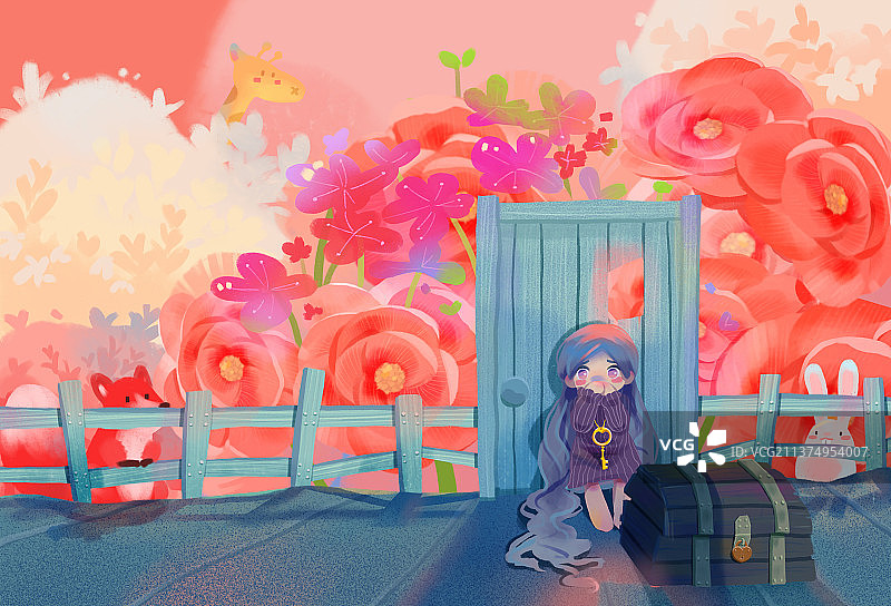 插画花园门外的女孩图片素材