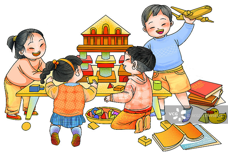 玩玩具小朋友幼儿园做游戏男孩女孩搭积木童年孩时回忆玩具礼物绘画插图人卡通图片素材