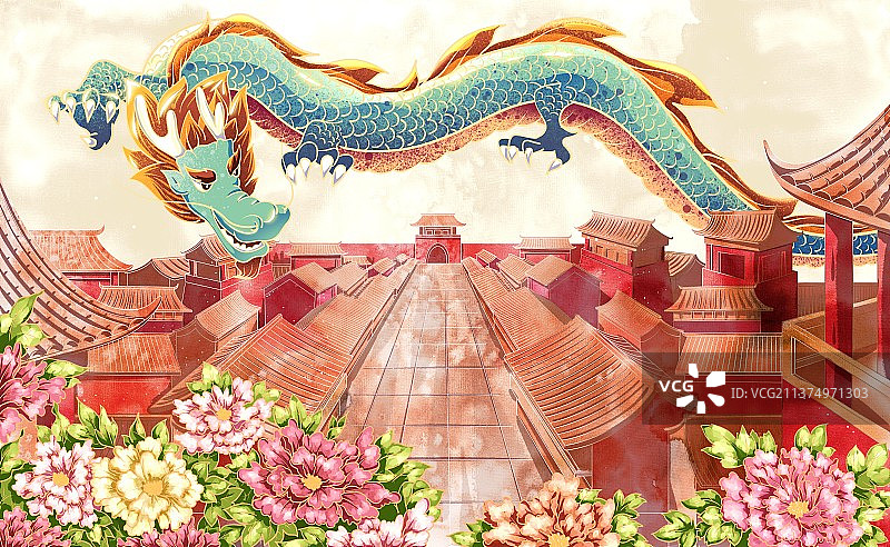 古城神龙牡丹插画图片素材
