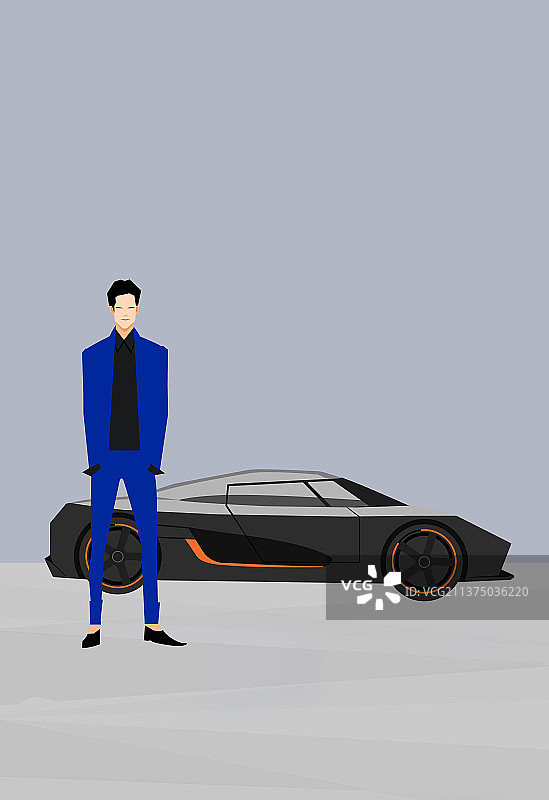 高端商务汽车插画，汽车展厅跑车西装男士与汽车男士西装正面站姿插画图片素材