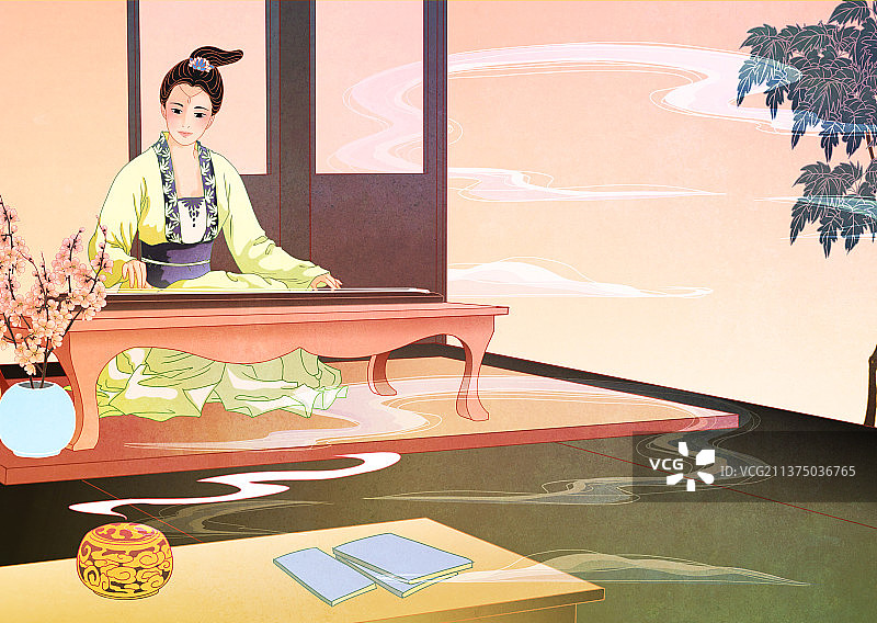 中国国潮国风新中式现代复古风古代汉服少女插画图片素材