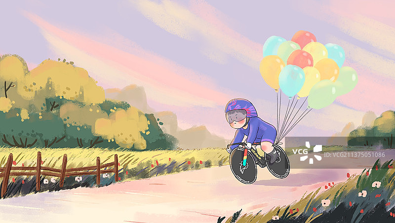 春日骑行晚霞气球浪漫运动图片素材