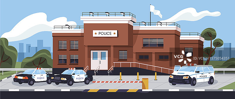 街道上有巡逻车的警察局外景图片素材