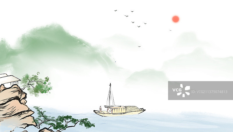 清新自然水彩画旅游景观设计插图图片素材