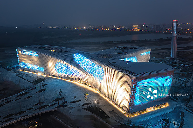 河南省郑州市河南省科技馆航拍夜景图片素材