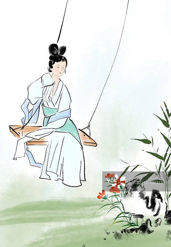 清新简约水彩画古代汉服美女插图荡秋千图片素材