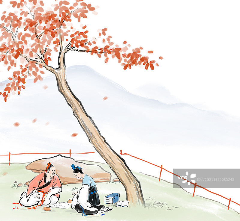 两个古代人坐在湖边的树旁下棋图片素材
