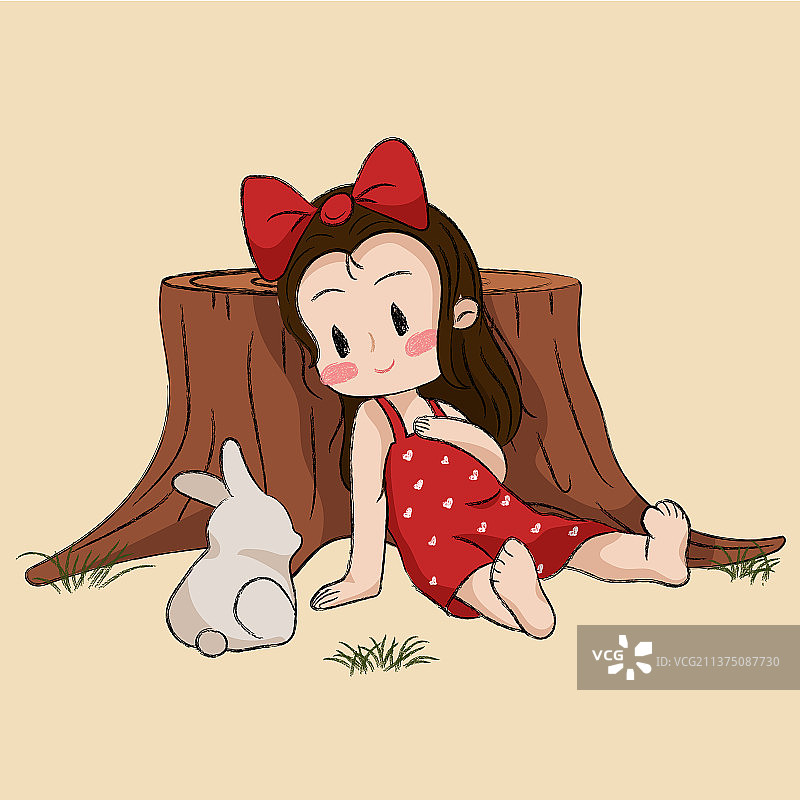 靠在树桩上休息的小女孩图片素材