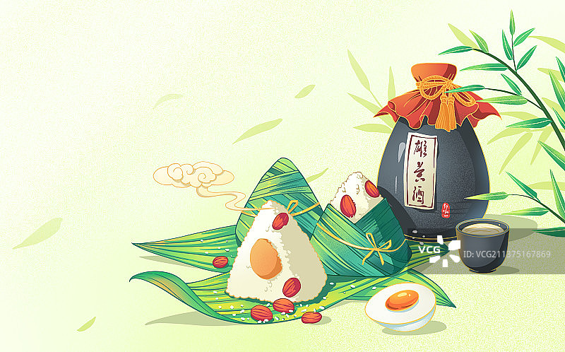 端午节粽子和相关元素组合插画图片素材
