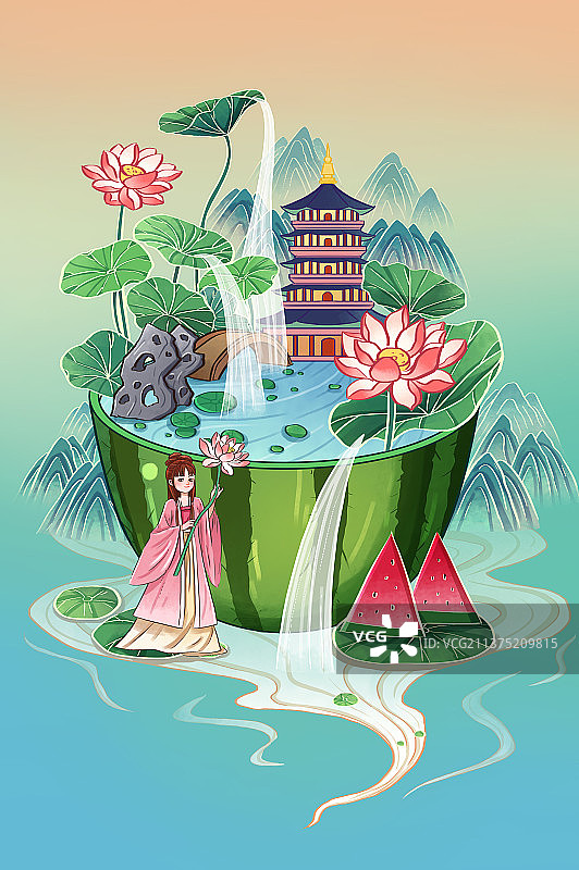 中国风立夏夏至大暑小暑莲花荷叶西瓜仕女插画图片素材