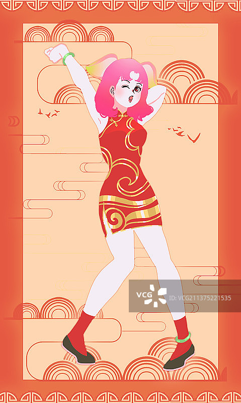 十二生肖主题红色祝福可爱女孩系列图片素材