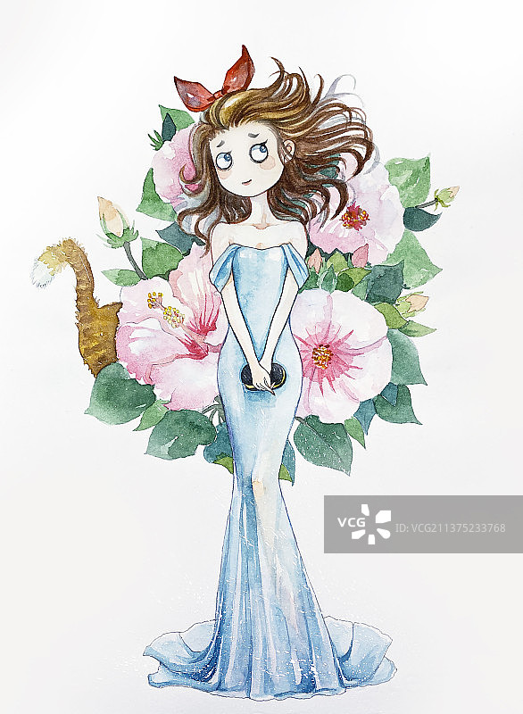 少女鲜花和橘猫图片素材