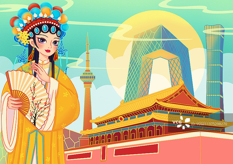 国潮戏曲花旦人物和北京建筑图片素材