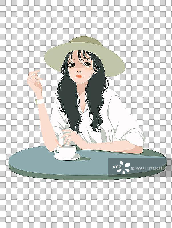 小清新文艺风扁平插画一个女孩坐在桌边图片素材