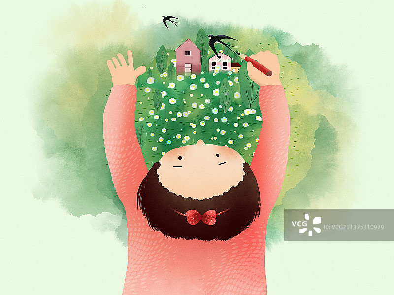 女孩仰头拿铅笔画出绿色的理想家园图片素材