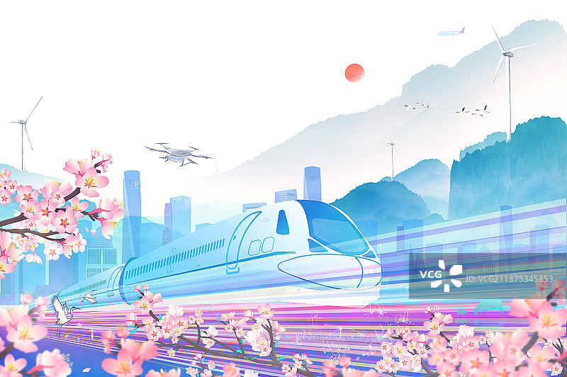 春天城市里的高铁在疾驰插画图片素材