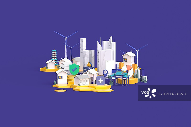 3D渲染城乡融合概念卡通插画图片素材