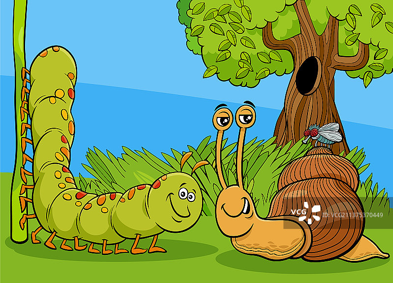 卡通毛毛虫和蜗牛与飞行昆虫图片素材