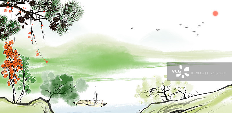 清新自然水彩画旅游景观设计插图图片素材